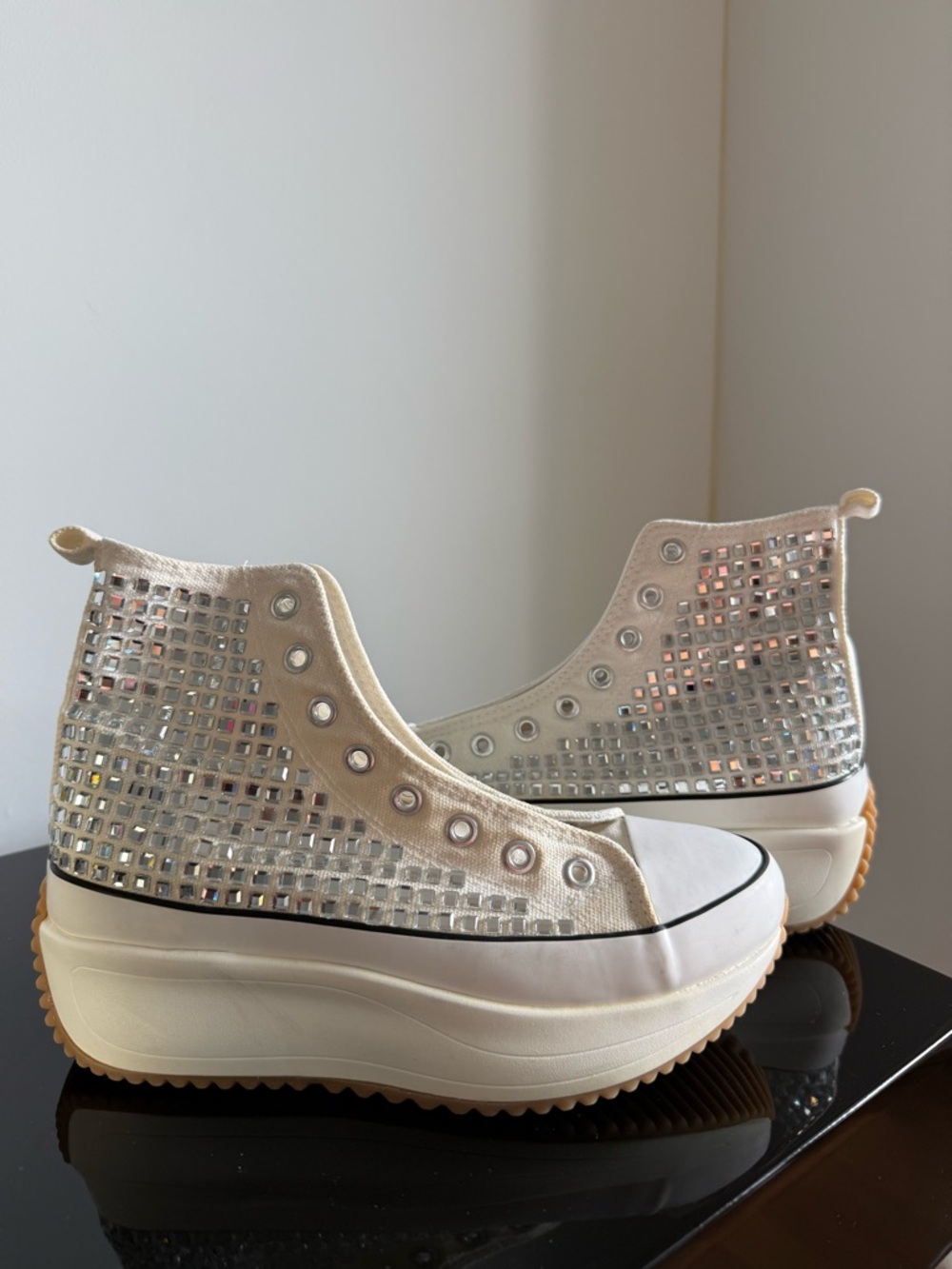 Platform High-Top Sneakers with Silver Metallic Accents - Women's